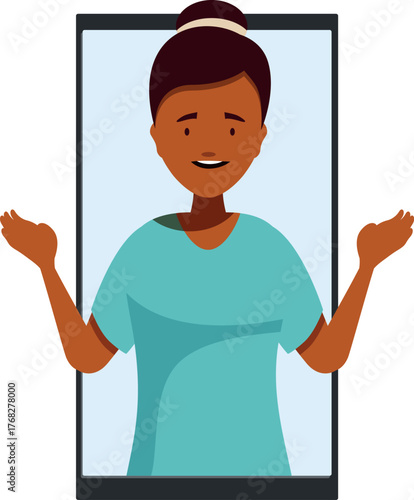 Nurse making online presentation during video call, explaining something with hand gestures