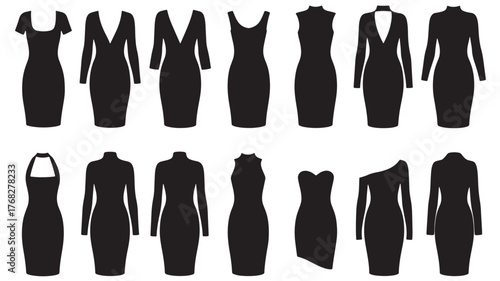 Collection of diverse black dress silhouettes on transparent background silhouette