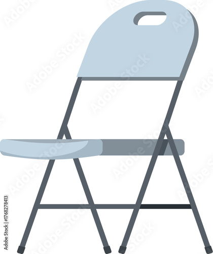 Folding chair standing on white background, simple portable seat for events or temporary use