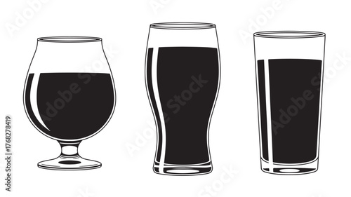 Three different glasses of dark drinks elegant style on transparent background silhouette