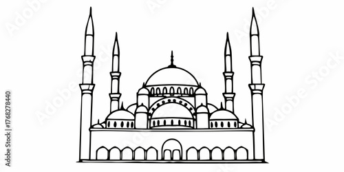 Illustration of a mosque with domes and minarets in black and white outline style with arches below