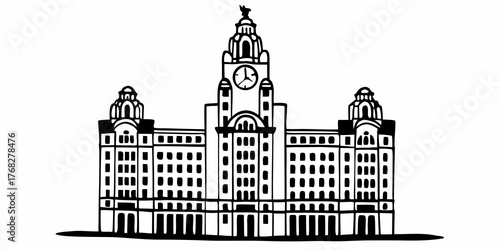 Illustration of the liver building with clock tower and dome structures in black and white outline style