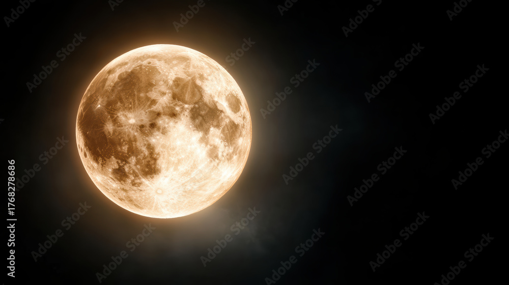 Obraz premium Bright full moon glowing in night sky, surrounded by mystical haze, creating serene atmosphere