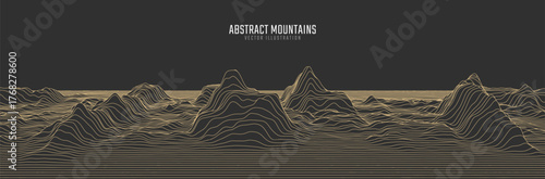 Contour mountain landscape. Waved line art. Abstract minimal topographic map. Contour lines with elevations and terrain depth. Vector illustration.