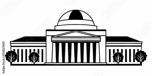 Illustration of a neoclassical building with dome and columns in black and white outline style design