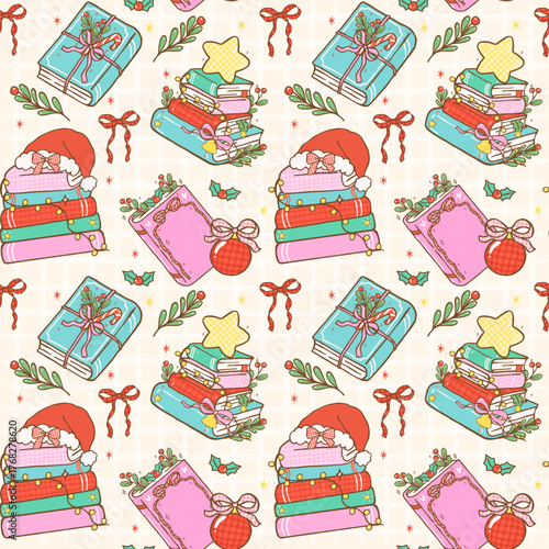 Festive Christmas Bookish Seamless Pattern Cozy Reading Coquette Gingham Retro Stack Books Hand Drawn Repeat Wallpaper Background