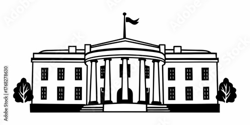 Illustration of the white house with flag on top and trees on each side in black and white color