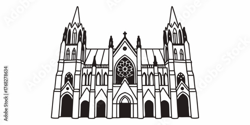 Detailed black and white line drawing of a large gothic style cathedral with multiple spires and arches