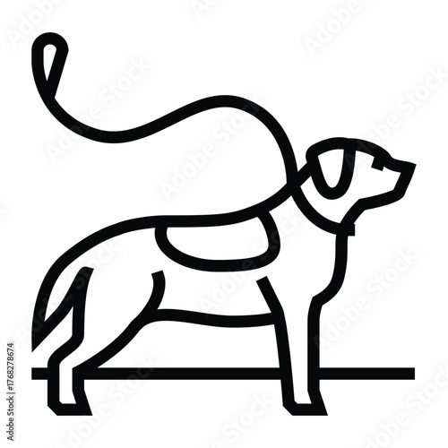 A line drawing depicts a dog with a leash and saddle standing on a line