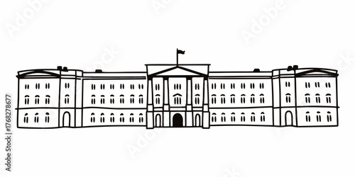 Illustration of a large building with many windows and a flag on top, drawn in a simple black outline
