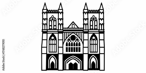 Illustration of a gothic style cathedral facade with towers and arched windows in black and white outline