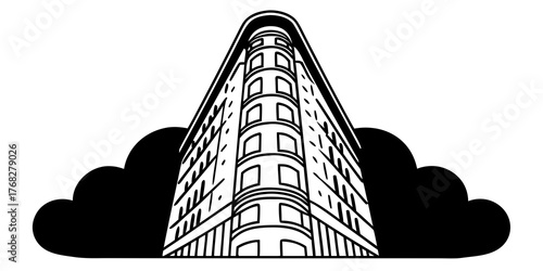 Illustration of a tall building with rounded corner and clouds on either side in black and white style