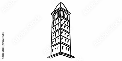 Illustration of a tall tower with multiple levels and arched windows in black and white style