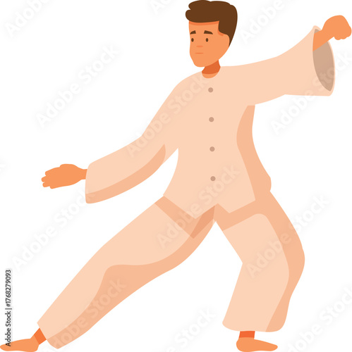 Young man performing a tai chi chuan exercise, promoting physical and mental well being