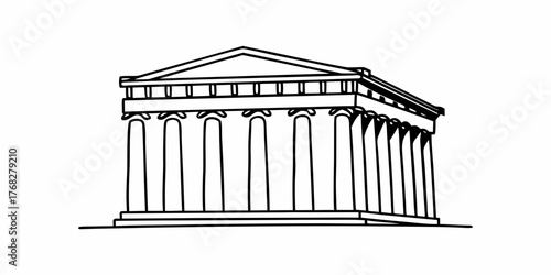 Illustration of a greek temple with a triangular roof and many columns in a simple black and white style