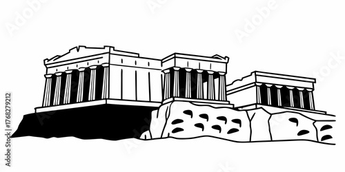 Illustration of the parthenon in athens greece with black and white line drawing and architectural details