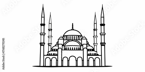 Illustration of a mosque with multiple minarets and domes in a simple black and white line drawing