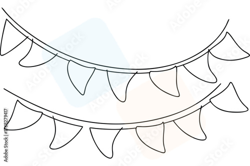 Festive bunting banner outline drawing for celebration decoration and graphic element design featuring triangular flags perfect for birthday party or holiday event with simple elegant lines