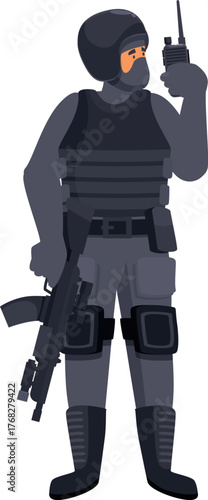 Soldier wearing helmet, mask, bulletproof vest, knee pads and boots, holding a rifle and using a walkie talkie