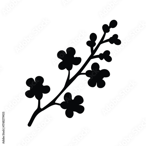 Silhouette of blooming spring tree branch with flowers and unopened buds on white