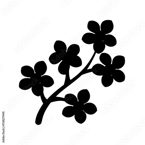 Silhouette of blossoming branch with five petaled flowers against a white background