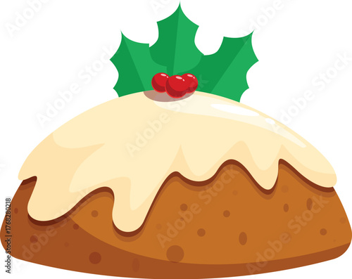 Traditional christmas pudding dessert with holly and berries, celebrating winter holidays and festive traditions