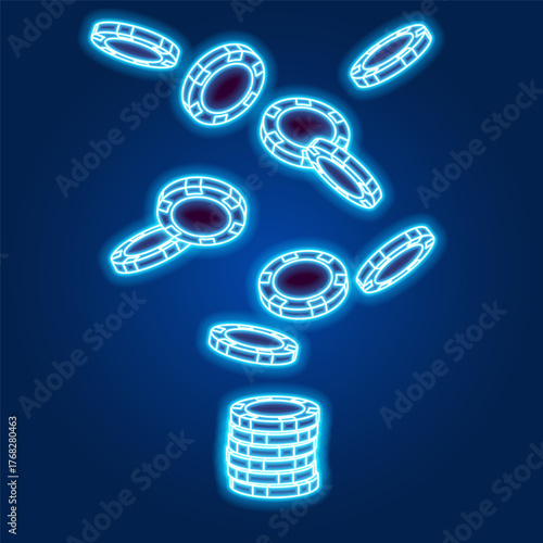 Neon poker chips on dark background. Bright glowing chips for casino and poker. Vector illustration.