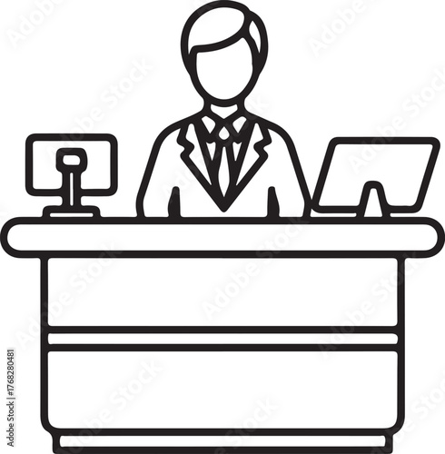 Professional attendant at reception desk with computer screens, ready to assist.