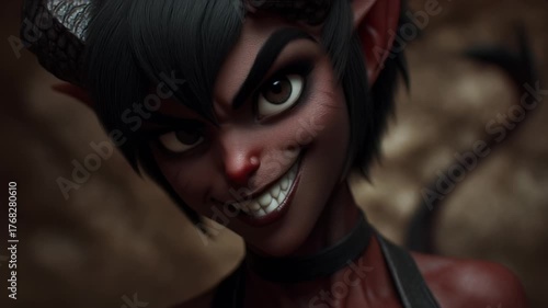 Cartoonish devil girl gives a sinister smile.