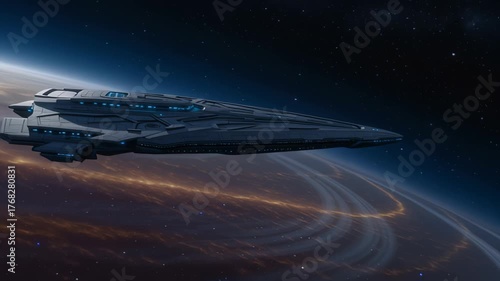 Wallpaper Mural Sleek spaceship flies over a ringed planet in space. Torontodigital.ca