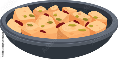 Kalakand, a popular indian sweet made from solidified milk and sugar, served in a bowl and garnished with pistachios and dried fruits