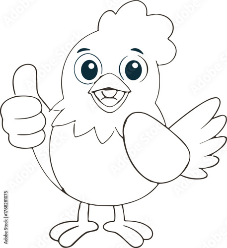 Cute cartoon chicken giving thumbs up gesture, happy farm animal mascot vector illustration for children, coloring book, education, poultry design