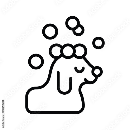 A minimalist line drawing shows a dog getting a bath with bubbles
