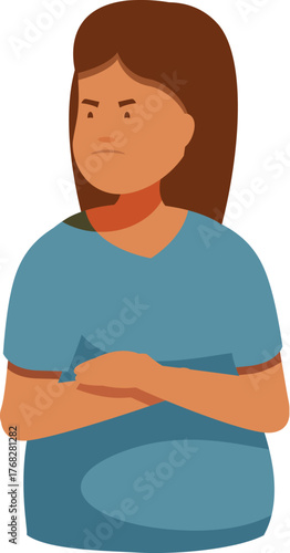 Young woman wearing medical uniform crossing arms, frowning and feeling annoyed, with red spot on shoulder