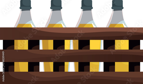 Four glass bottles containing a yellow liquid are neatly arranged inside a wooden crate, suggesting storage or transport