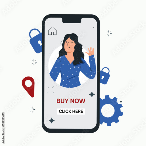 Flat Illustration of Woman Waving Hand Inside Smartphone Mockup — Buy Now and Click Text on Screen, Perfect for e-commerce, online shopping, marketing promotions, digital ads, mobile app UI
