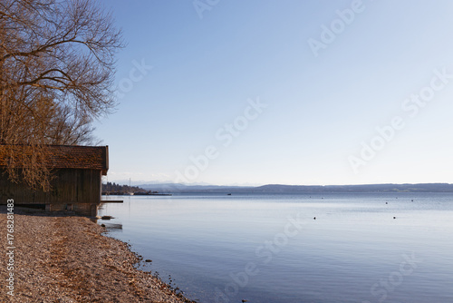Lake called Ammersee with sailing boats and the bavarian mountains in the background, Alps, Bavaria, Germany, Europe