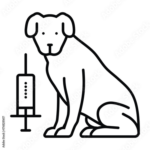 A seated dog next to a syringe