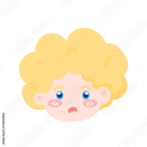 kawaii blonde head variant expression. emoji boy,Chubby Cheeks and Curly Hair, Cartoon Style. angle head expression