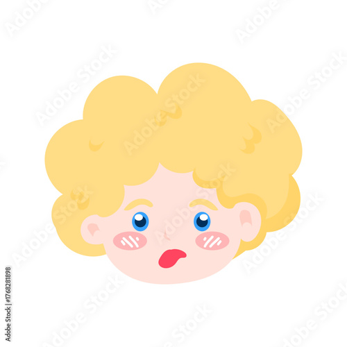 kawaii blonde head variant expression. emoji boy,Chubby Cheeks and Curly Hair, Cartoon Style. angle head expression