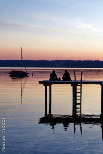 Twilight over a lake with sailing boats, Alps, Bavaria, Germany, Europe