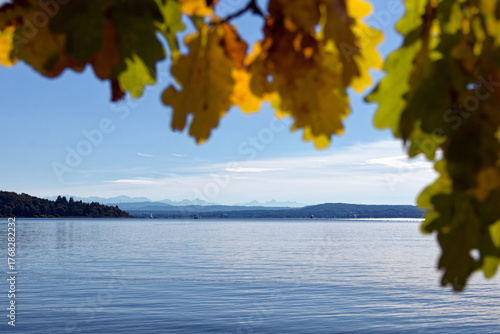 Lake called Ammersee with sailing boats and the bavarian mountains in the background, Alps, Bavaria, Germany, Europe
