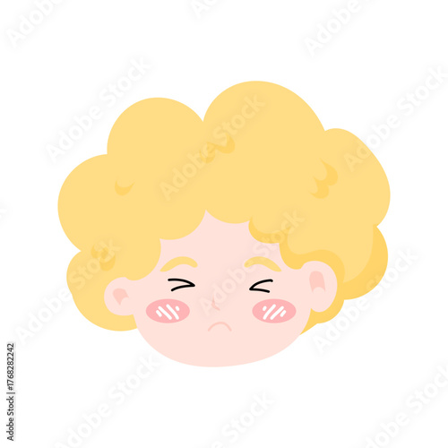 kawaii blonde head variant expression. emoji boy,Chubby Cheeks and Curly Hair, Cartoon Style. angle head expression