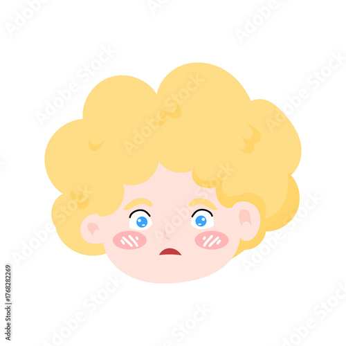 kawaii blonde head variant expression. emoji boy,Chubby Cheeks and Curly Hair, Cartoon Style. angle head expression
