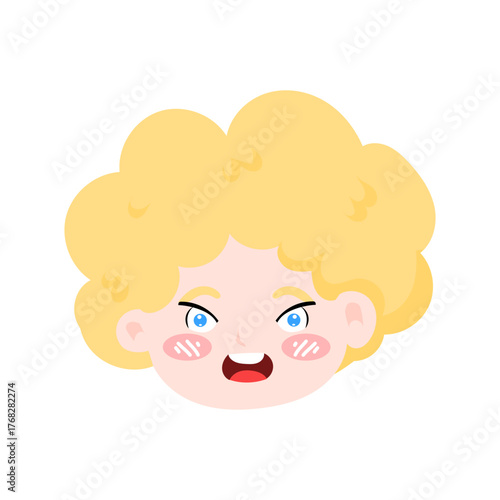 kawaii blonde head variant expression. emoji boy,Chubby Cheeks and Curly Hair, Cartoon Style. angle head expression