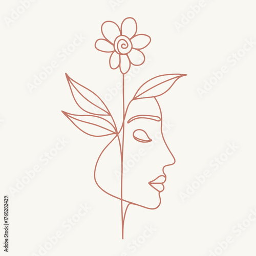 Woman face with flower in her hair line art