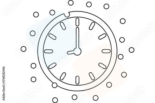 Simple line art of a round clock face with circles floating around it showing nine oclock representing time management and productivity in a minimalistic aesthetic design