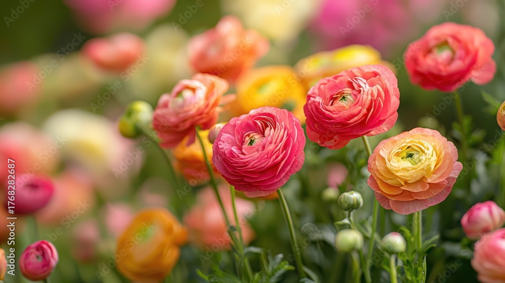 Obraz premium A vibrant flower garden with a variety of colorful ranunculus flowers.