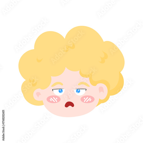kawaii blonde head variant expression. emoji boy,Chubby Cheeks and Curly Hair, Cartoon Style. angle head expression