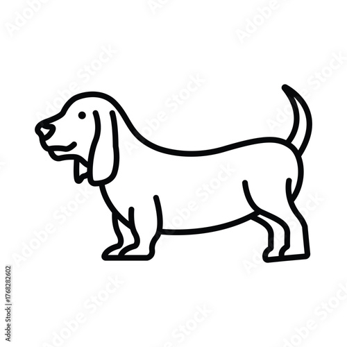 A stylized black outline of a basset hound with droopy ears and short legs standing